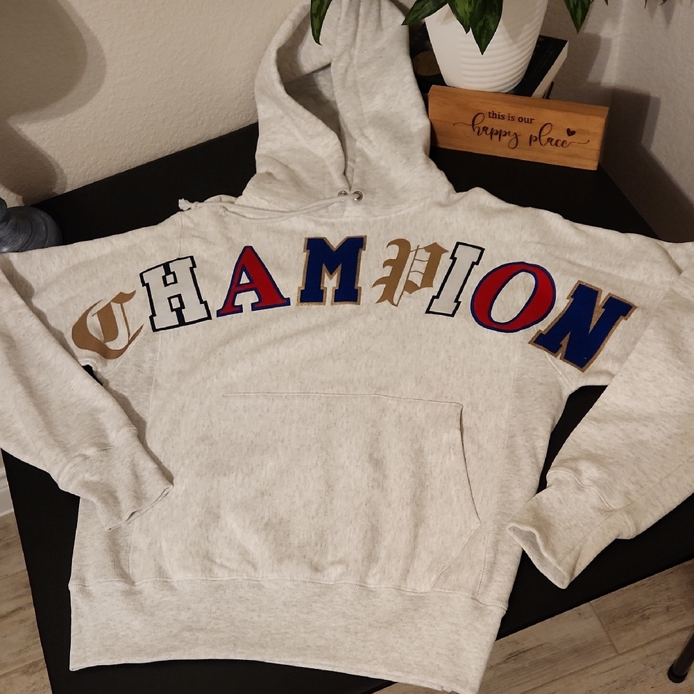 Champion Light Gray Hoodie with Colorful Lettering